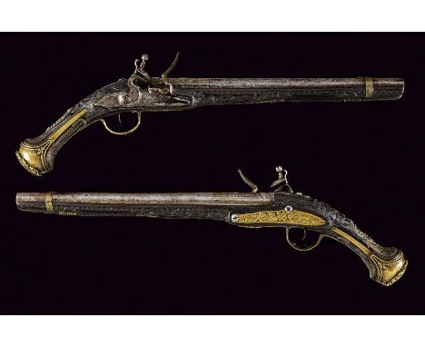 dating: 19th Century provenance: Turkey, Round, smooth-bore, 16 mm cal. barrels, with rib, remains of gilded inlays at the ba