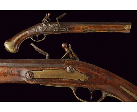 dating: 18th Century provenance: France, Smooth-bore, two-stage, 19 mm cal. barrel, with fore-sight, in antique patina. Lock 