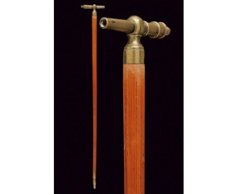 dating: 19th Century provenance: Europe, Stick's grip is composed of a very small, brass cannon (length 10.8 cm) with taperin