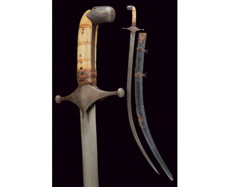 dating: 19th Century provenance: Persia, Curved, single-edged blade, in damask. Iron hilt with straight quillons, with button