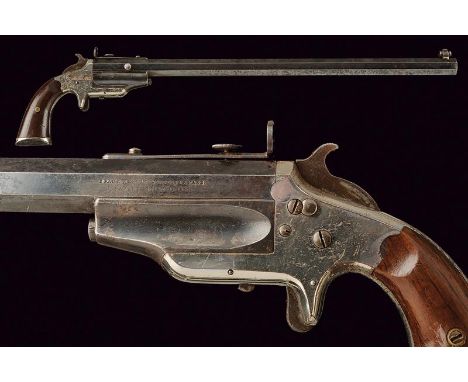 dating: about 1870 provenance: USA, Very long, rifled, octagonal, finished, 8 mm cal. barrel, with rear sight and visor; rear
