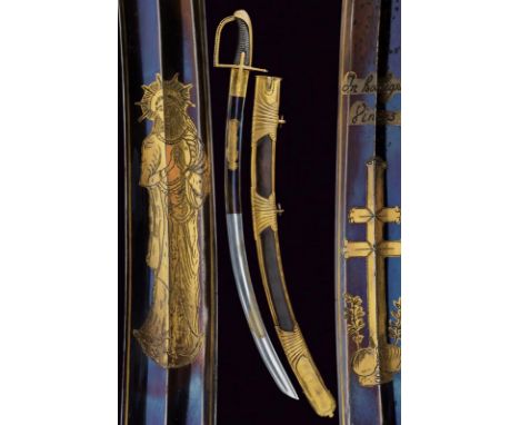 dating: 20th Century provenance: Europe, Large, curved blade, with fuller; finished, engraved and gilded at the forte. Gilded