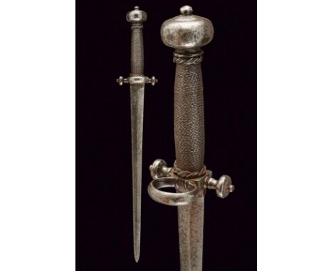 dating: 17th Century provenance: Italy, Straight, double-edged blade, ribbed in the center, small tang; iron hilt, quillon bl