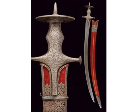 dating: 19th Century provenance: India, Wide, flat, single-edged blade, in damask, slightly enlarged tang. Big hilt of typica