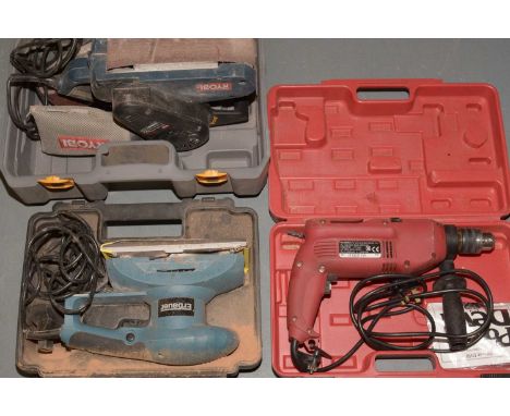 Ryobi Belt Sander, in carry case, with manual; along with a Erbauer sander in case and a Power Devil power drill model PDD200