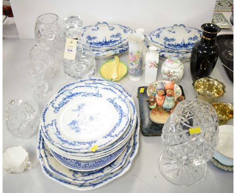 A selection of household china and glass, including: a Dartington decanter; a Hummel for Goebel figure; cut glassware; blue a