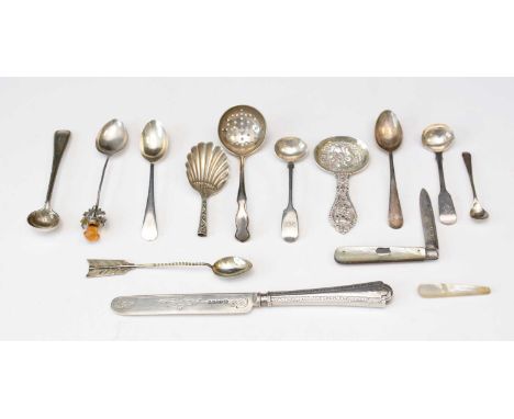 A selection of silver salts, mustard, tea and other spoons; a Dutch caddy spoon; and a tea knife with filled handle, 6.8oz. g
