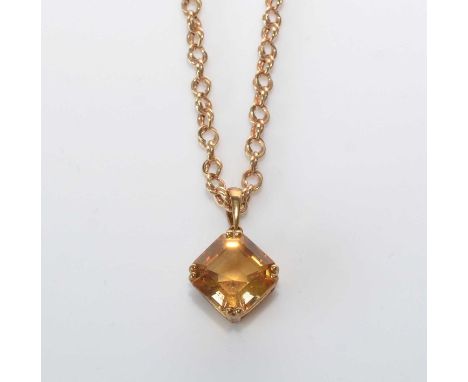 A citrine pendant, the asscher-cut citrine in 9ct. yellow gold mount, on 9ct. yellow gold twist link chain, 4.8grms gross.