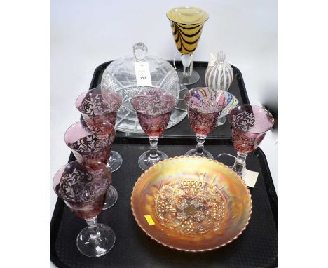 A cut glass stand and cover; six etched ruby glass goblets with clear glass stems; a carnival glass fruitstand; and other han