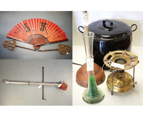 A Victorian style Cavalry Officer's sword; two carpet beaters; a Victorian style large stove pot; a poss stick; a primus no. 