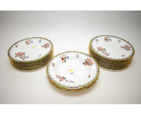 Copeland Spode bowls and plates, hand-decorated with floral design, in green Imari colours, retailed by P. Goode &amp; Co., L