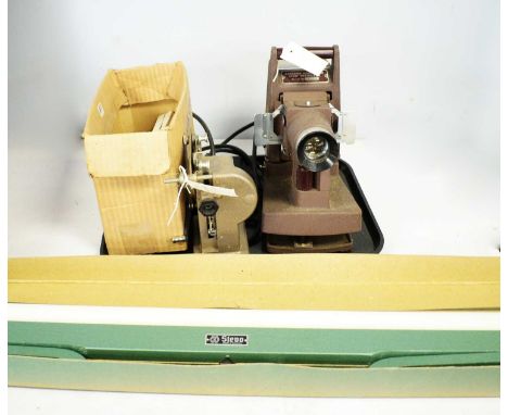 A Kershaw model 250 strip projector, serial number 15124; a Mickey Mouse 9.5mm printed phonograph film; and other Pathescope 