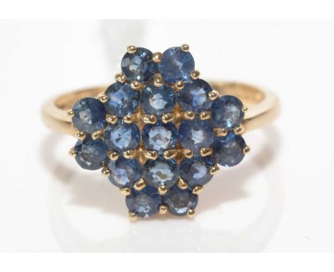 A Madagascan sapphire ring, the uniform seventeen circular facet-cut stones claw set to a 14ct. yellow gold shank, ring size 