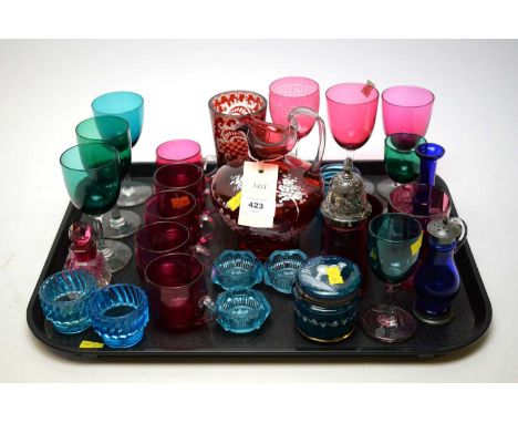 Victorian Mary Gregory-style glass items; and other ruby and coloured glass items on a tray.