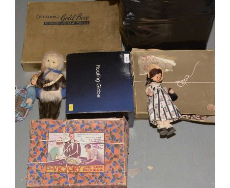 A selection of vintage jigsaw puzzles including Victory jigsaws, each in box; along with other items including a Floating Glo