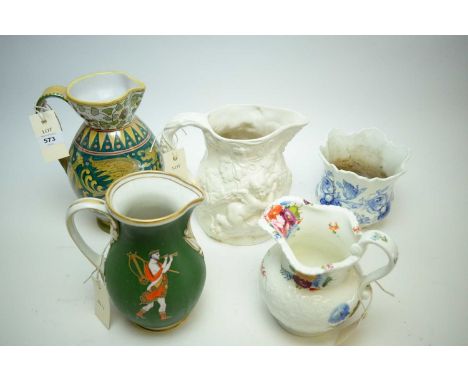 Mintons reproduction of an '18th Century Staffordshire Salt-glaze' ewer; Victorian floral decorated ewer; St George planter; 