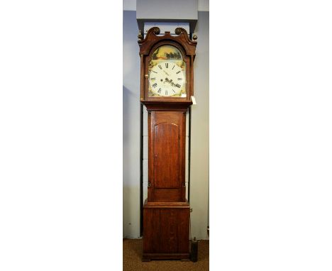 A 19th Century eight-day oak longcase clock, the 12in. dial painted with scenes of castles and bridges, roman hours and subsi