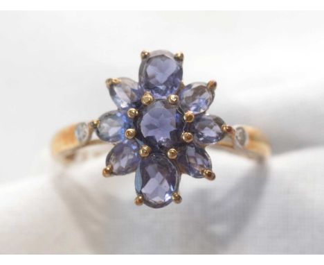 An Iolite cluster ring, the principal circular facet-cut Iolite surrounded by eight graduated oval facet-cut Iolites, flanked