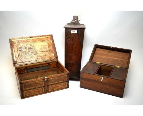 A Napoleonic Prisoner of War straw work box with hinged cover; a 19th Century candle box; and an early 19th Century inlaid ma