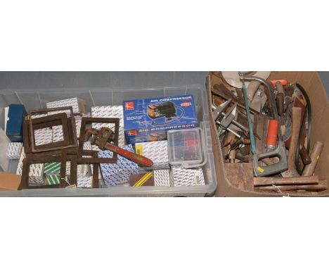 A selection of woodworking tools and other tools including an eclipse 20T saw, mallets, axes and other tools; also including 