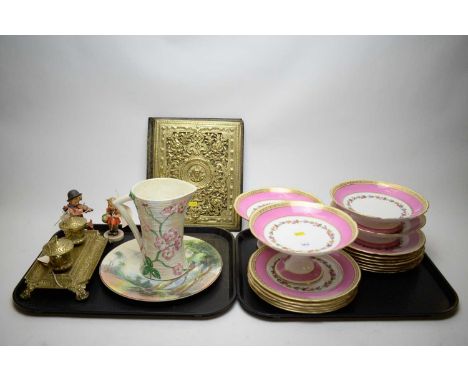 An 20th Century dessert service with pink floral and gilt borders; a Royal Doulton plate D310 'Scene at Lorne'; a Maling jug;