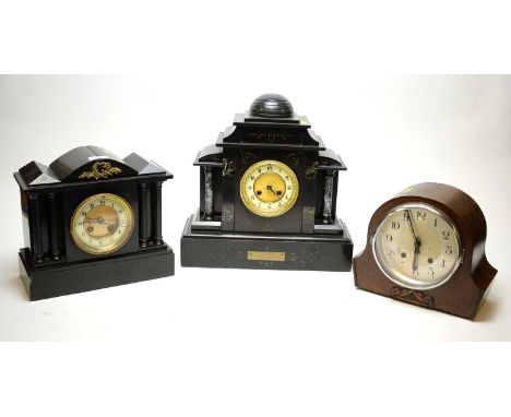 French black slate and marble inset mantel clock of architectural style with presentation inscription to W.S. Hall, by the Ea