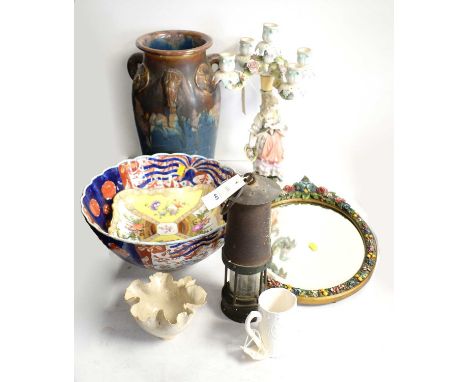 A mid 20th C easel mirror with barbola mount; a large Denby ware three-handled vase; a Japanese Imari bowl; a German porcelai