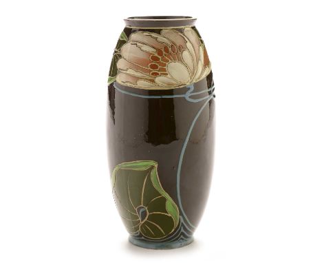 An Art Nouveau earthenware vase signed R. Dean, probably Thomas Forester, with tube lined and incised decoration of water lil