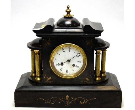 Japy Freres, French Black Slate Mantel clock late 19th , early 20th century of architectural form.