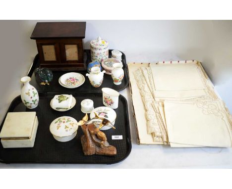 Minton, Aynsley and Royal Worcester ornaments; a wooden photograph box; glass ornaments, etc., on two trays.