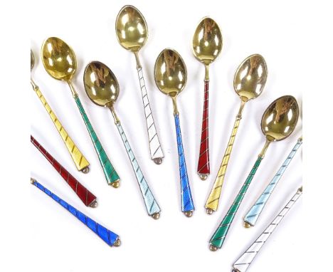 EGON LAURIDSEN - a set of 12 Danish vermeil sterling silver and harlequin enamel coffee spoons, spoon length 9.5cm,

All in v