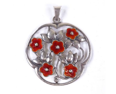 A Danish stylised sterling silver and red enamel Daisy pendant, no maker's marks, pendant height excluding bale 41.1mm, 9.4g
