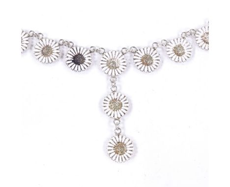 A Danish stylised sterling silver and white enamel Daisy drop necklace, on sterling chain, daisy diameter 14.1mm, necklace le