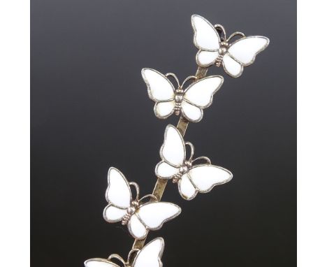 VOLMER BAHNER - a Vintage Danish vermeil sterling silver and white enamel 5-section butterfly bar brooch, brooch length 57.6m