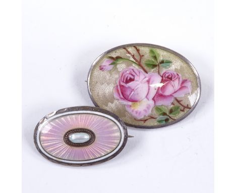 AKSEL HOLMSEN - a Norwegian vermeil sterling silver and pink enamel oval brooch, designer's marks ELW, length 30.8mm, and an 