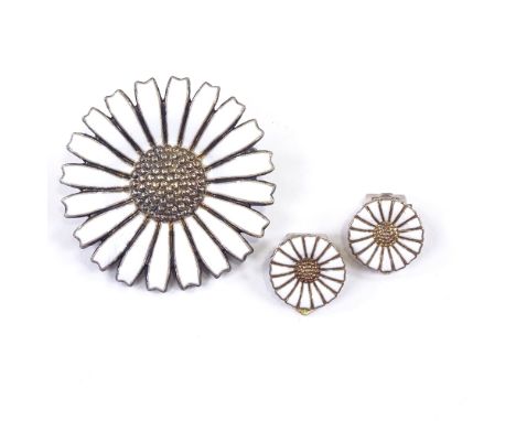 ANTON MICHELSEN - a Vintage Danish sterling silver and white enamel Daisy brooch and pair of ear clips, maker's marks AM, bro
