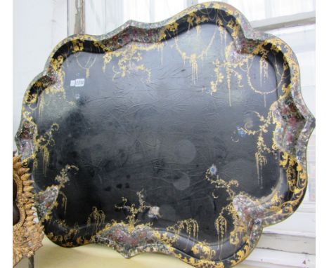 A Victorian lacquered tray, gilt foliate decorated with abalone shell inlay, 80.5cm wide, and a Victorian style cream painted