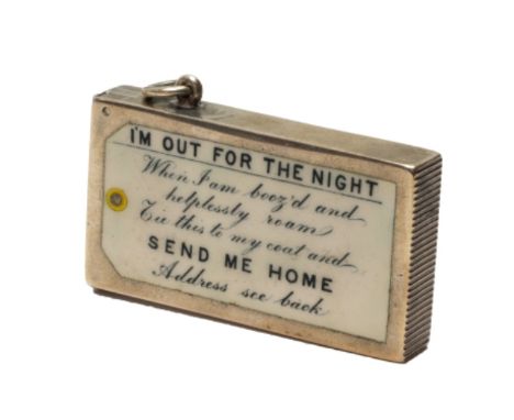 A Victorian silver rectangular vesta case, enameled to one side with a luggage label, detailed 'I'm out for the night, when I