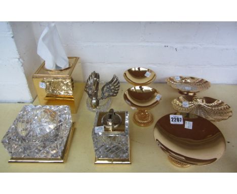 A quantity of gilt metal and crystal bathroom and household ornaments, including; a table lighter, an ashtray, various pedest