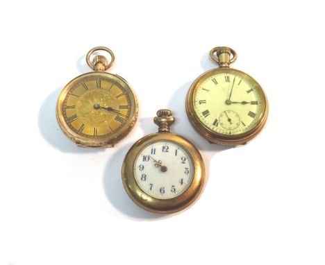 A lady's gold cased, keyless wind, openfaced fob watch, with a gilt jeweled cylinder movement, gilt metal inner case, the dec