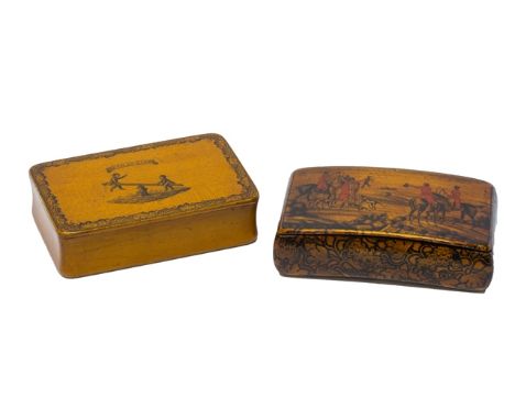 A Mauchline Ware type snuff box, late 19th century, titled 'Such is Life', depicting two figures on a see-saw, 8.3cm wide, an