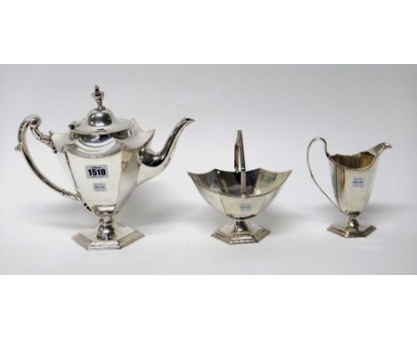 A plated three piece tea set, comprising; a teapot, a sugar bowl with a swingover handle and a milk jug, each piece in a tape