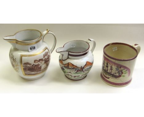 An English porcelain jug, early 19th century, printed in sepia with two panels of children flanking a vignette of lovers, (a.