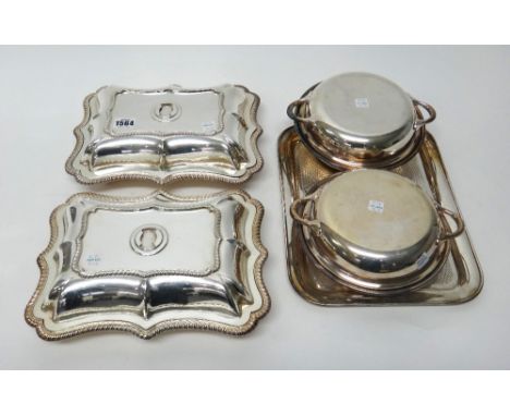 Plated wares, comprising; a pair of shaped rectangular lidded entree dishes, decorated with gadrooned rims and with detachabl