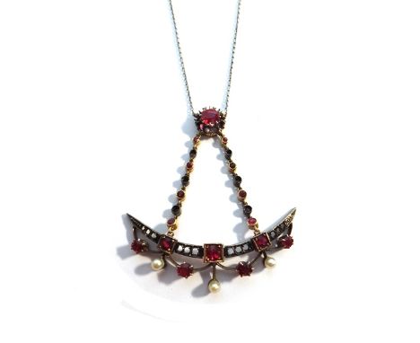 A ruby, cultured pearl and previously gem set pendant necklace, in a crescent shaped design, with a lower arcaded border, fit