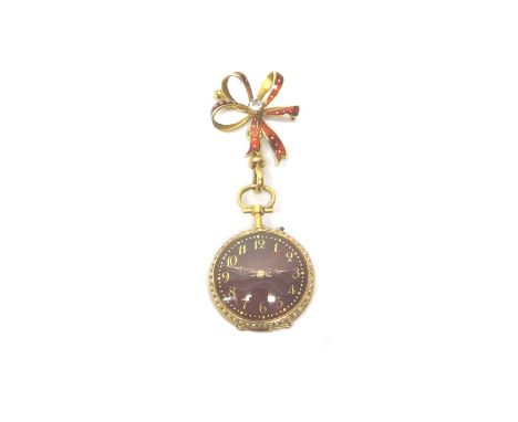 A lady's gold cased, diamond and seed pearl set and red enameled keyless wind, openfaced fob watch, with a gilt jeweled cylin