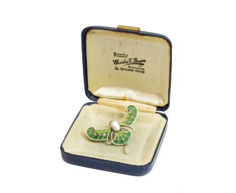 A plique a jour green enameled, marcasite and freshwater pearl set brooch, in an Art Nouveau pierced stylized wings design, d