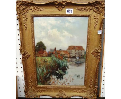 Henry John Yeend King (1855-1924), Figure punting near an old mill, oil on panel, signed, 38cm x 27cm.