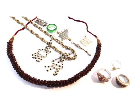 A garnet bead necklace, probably Indian, a neckchain, a pair of imitation pearl pendant earrings, a Victorian silver brooch, 