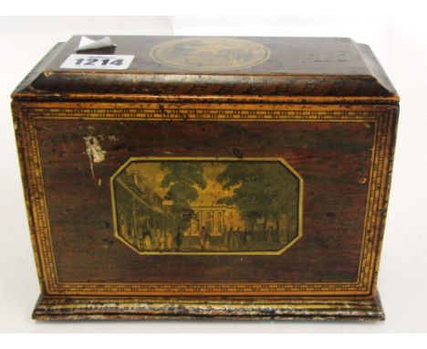 A George III painted rectangular box, the hinged front panel enclosing three drawers, 18cm wide. 